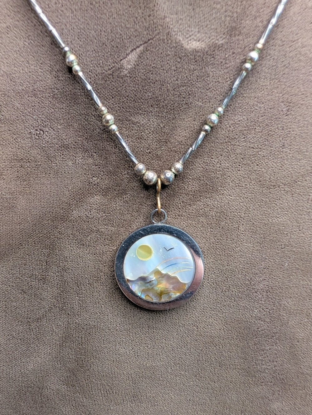 Vintage Necklace Sterling Liquid Silver Pendant Abalone Inlay Mountain Scene